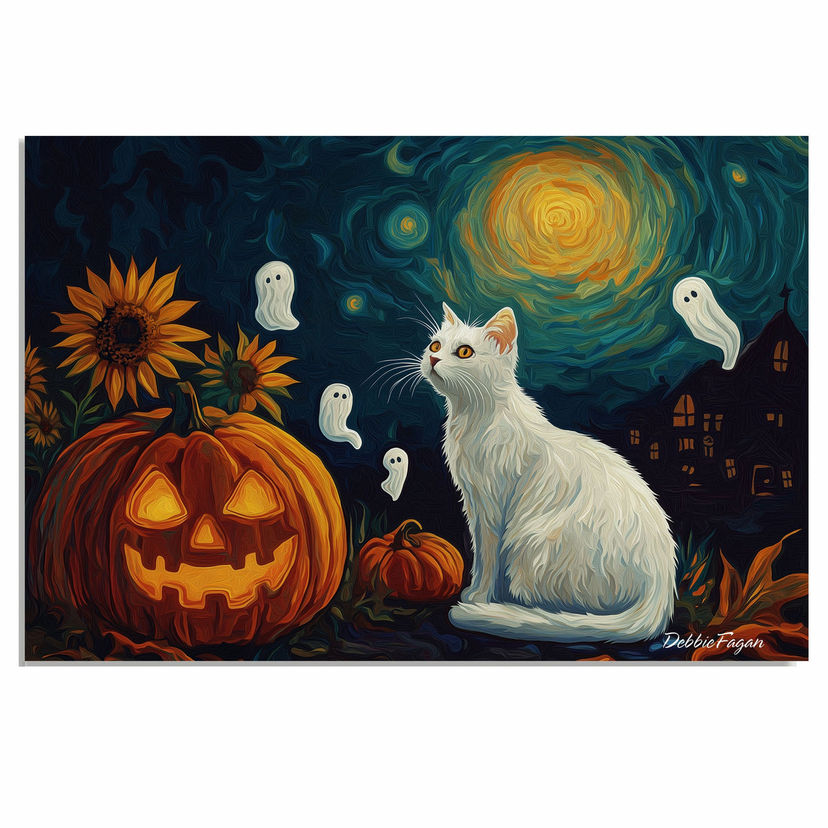 Halloween Cat Art – White Kitty, Glowing Pumpkin, Flying Ghosts, and Sunflowers Under a Van Gogh-Inspired Night Sky on Ready to Hang 1.5" Thick Canvas Wrap, Floating Framed Canvas, Flat Rolled Canvas