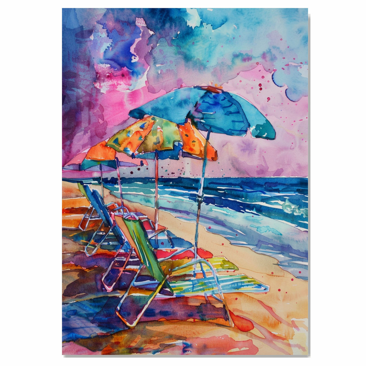 Vibrant Watercolor Painting of Beach Chairs and Umbrellas by the Ocean on Ready to Hang 1.5" Thick Canvas Wrap, Floating Framed Canvas, Flat Rolled Canvas