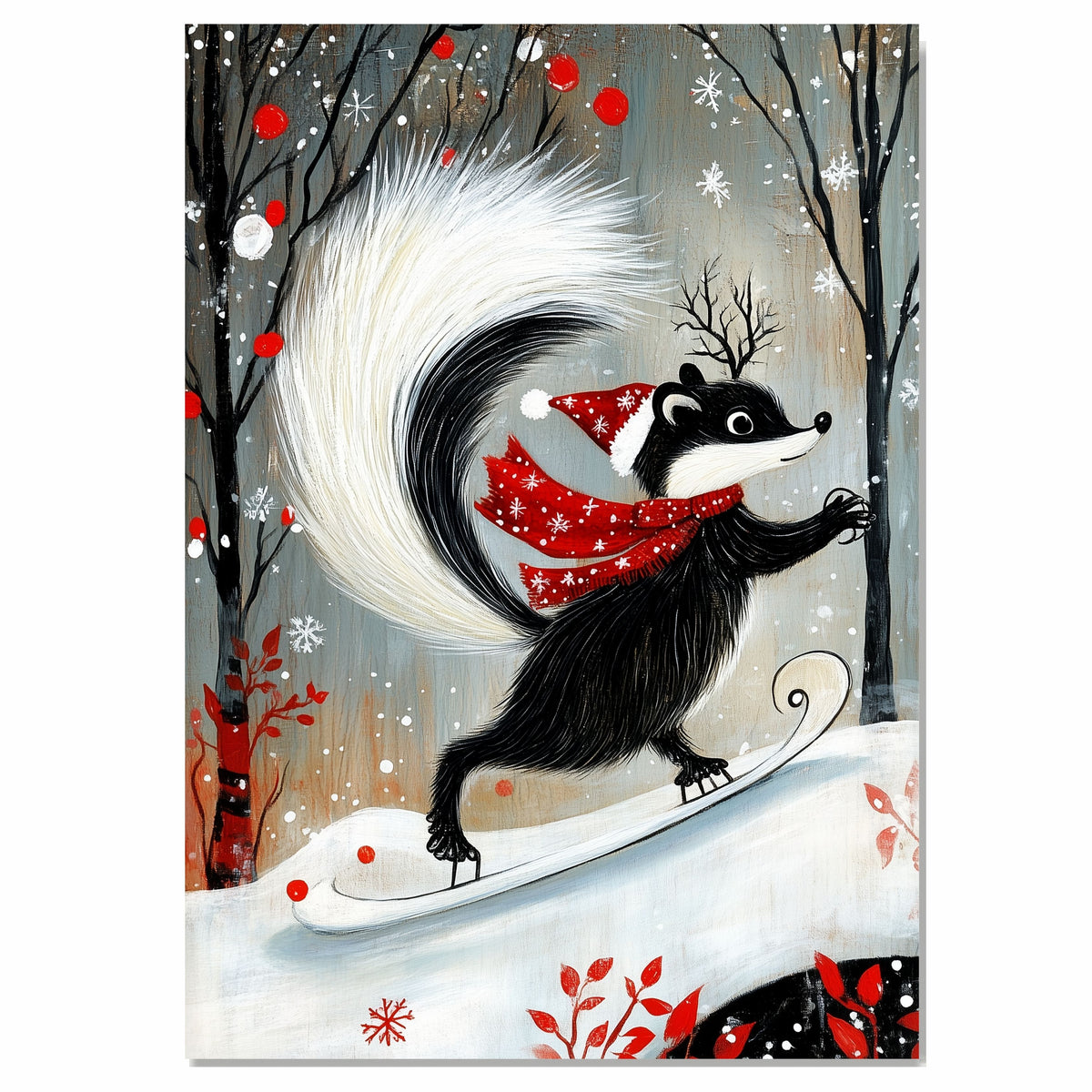 Whimsical Christmas Skunk Ice Skating – Red Scarf, Santa Hat & Twig Antlers Animal Art Print, Woodland Holiday Wall Decor, Winter Nursery Illustration on Ready to Hang 1.5" Thick Canvas Wrap, Floating Framed Canvas, Flat Rolled Canvas