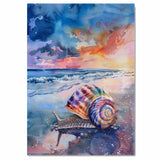 Watercolor Painting of a Multicolored Snail with Spiral Shell Crawling on Beach at Sunset with Ocean and Dramatic Sky on Ready to Hang 1.5" Thick Canvas Wrap, Floating Framed Canvas, Flat Rolled Canvas