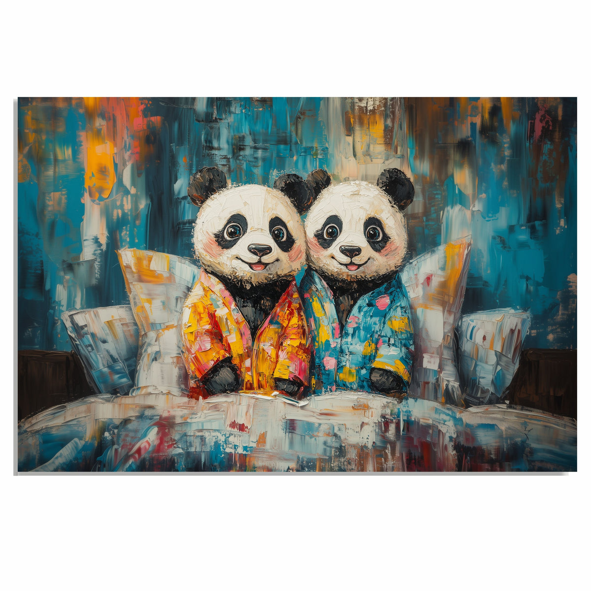 Cheerful Painting of Two Panda Bears in Colorful Pajamas Sitting on a Bed Surrounded by Bright Pillows with Joyful Faces and a Vivid Abstract Background on Ready to Hang 1.5" Thick Canvas Wrap, Floating Framed Canvas, Flat Rolled Canvas