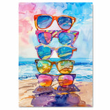 Watercolor Art of Five Stylish Sunglasses Stacked on Beach with Colorful Reflections and Ocean Horizon Background on Ready to Hang 1.5" Thick Canvas Wrap, Floating Framed Canvas, Flat Rolled Canvas