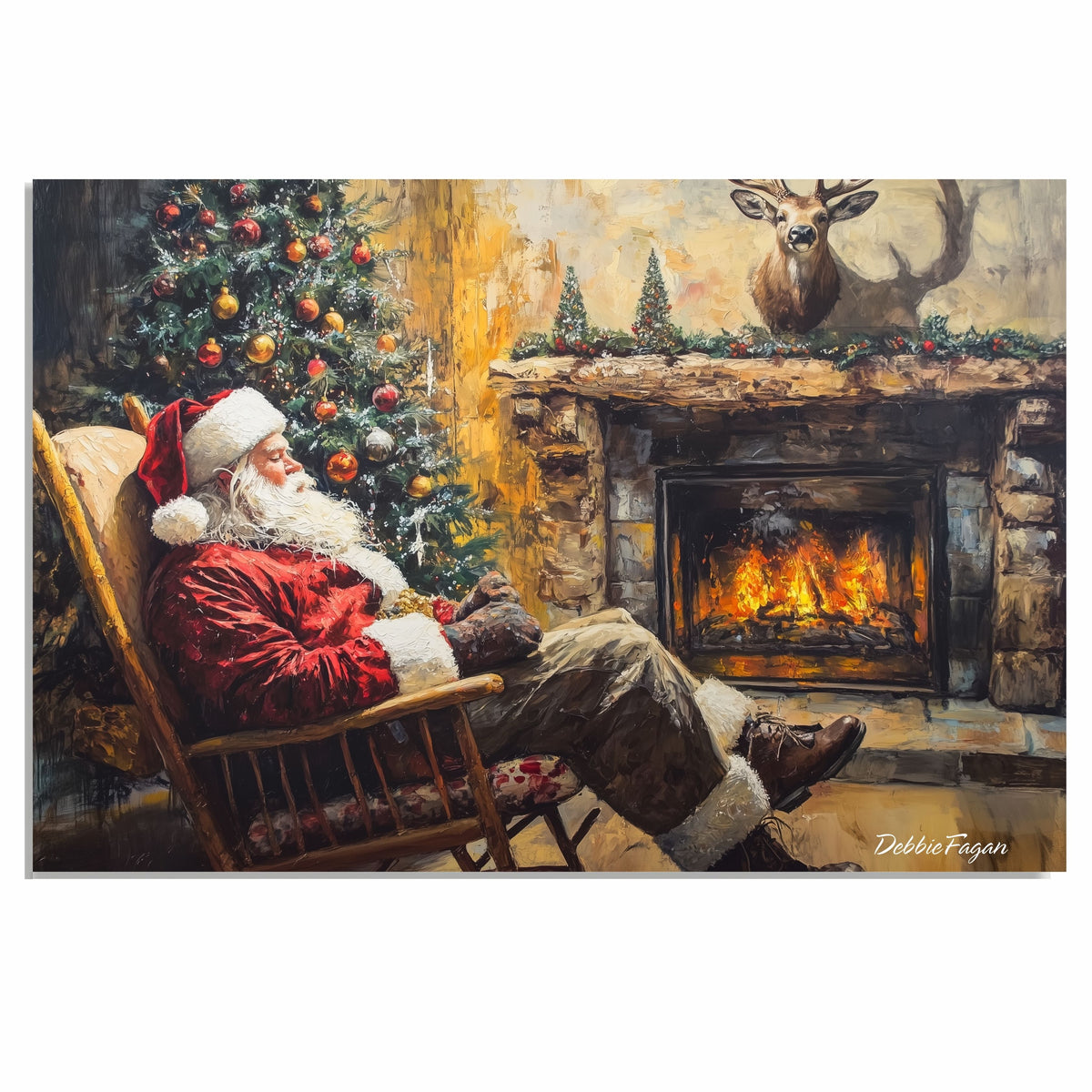 Santa Claus by the Fireplace with Stockings – Cozy Christmas Wall Art Print on Ready to Hang 1.5" Thick Canvas Wrap, Floating Framed Canvas, Flat Rolled Canvas