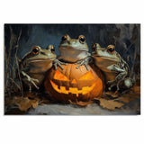 Halloween Wall Art with Frogs and Glowing Jack-o’-Lantern Fun Retro-Style Painting for Frog Lovers and Spooky Seasonal Décor in Rustic Autumn Setting on Ready to Hang 1.5" Thick Canvas Wrap, Floating Framed Canvas, Flat Rolled Canvas