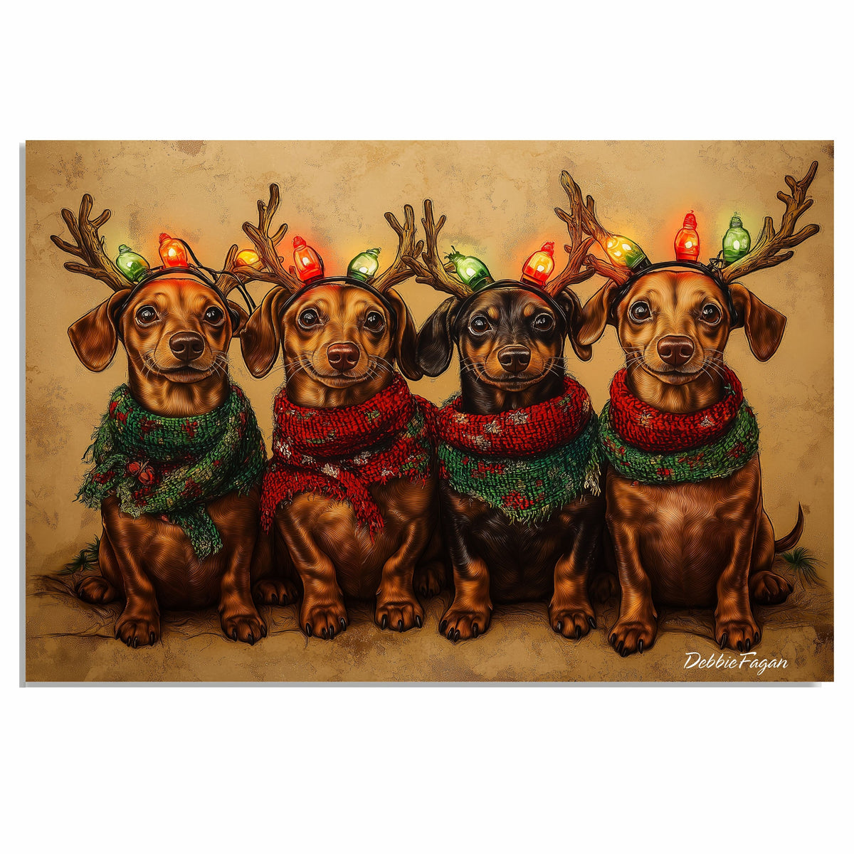 Dachshund Christmas Canvas - "Rusty Rudolph" - Festively Adorned Dachshund in Cozy Scarves Rustic Style Art on Ready to Hang 1.5" Thick Canvas Wrap, Floating Framed Canvas, Flat Rolled Canvas