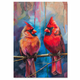 Pair of Red Cardinals on Branch – Vivid Brushstroke Style Painting with Expressive Background and Lifelike Bird Details in Bold Colors on Ready to Hang 1.5" Thick Canvas Wrap, Floating Framed Canvas, Flat Rolled Canvas