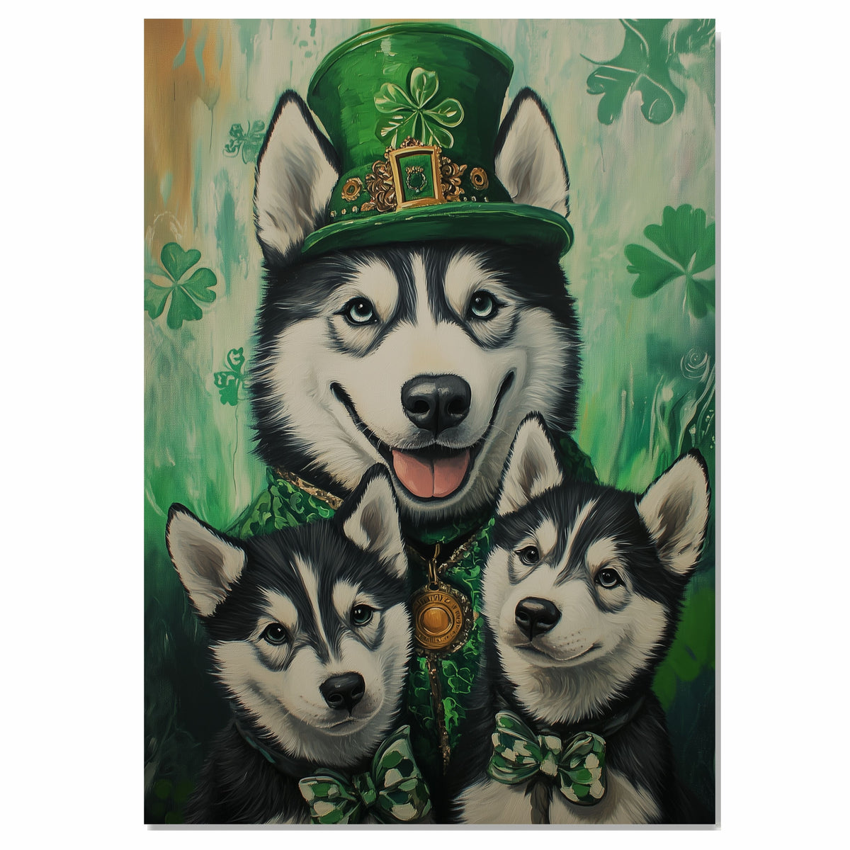 Festive Charm: Siberian Husky with Puppies in St. Patrick's Day Attire on Ready to Hang 1.5" Thick Canvas Wrap, Floating Framed Canvas, Flat Rolled Canvas