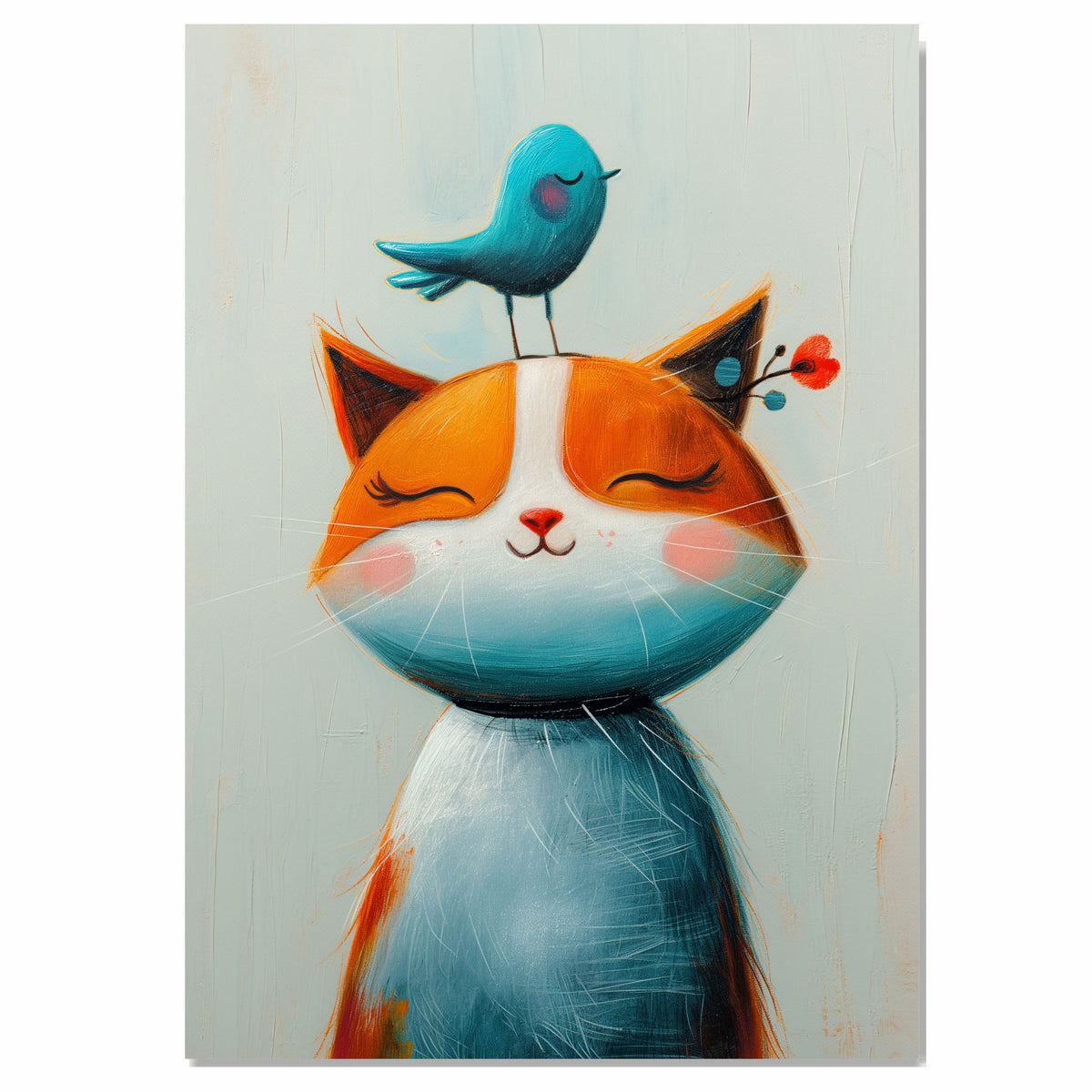 Whimsical Orange and White Cat with Blue Bird on Head Illustration for Kids Room or Nursery Art Print Cute Animal Artwork with Playful and Joyful Design on Ready to Hang 1.5" Thick Canvas Wrap, Floating Framed Canvas, Flat Rolled Canvas