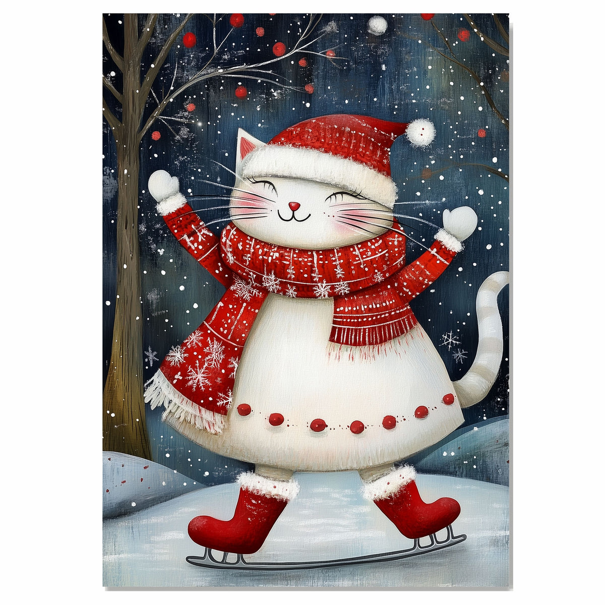Christmas Wall Art Featuring Adorable Cat in White Dress Ice Skating Joyfully in Snow Whimsical Winter Print for Festive Feline Lovers and Holiday Home Decor on Ready to Hang 1.5" Thick Canvas Wrap, Floating Framed Canvas, Flat Rolled Canvas