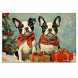 "Winter Whimsy" - French Bulldogs in Cozy Scarves Amidst a Snowy Wonderland with Christmas Tree and Gifts on Ready to Hang 1.5" Thick Canvas Wrap, Floating Framed Canvas, Flat Rolled Canvas