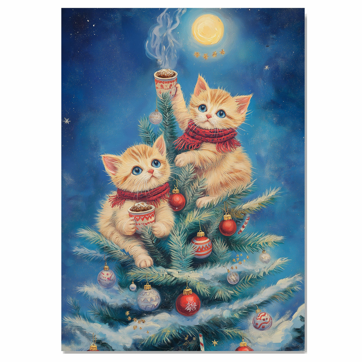 Christmas Kittens Canvas Wall Art – Cute Orange Cats in Tree with Cocoa & Ornaments – Holiday Winter Décor Print for Cat Lovers & Cozy Spaces on Ready to Hang 1.5" Thick Canvas Wrap, Floating Framed Canvas, Flat Rolled Canvas