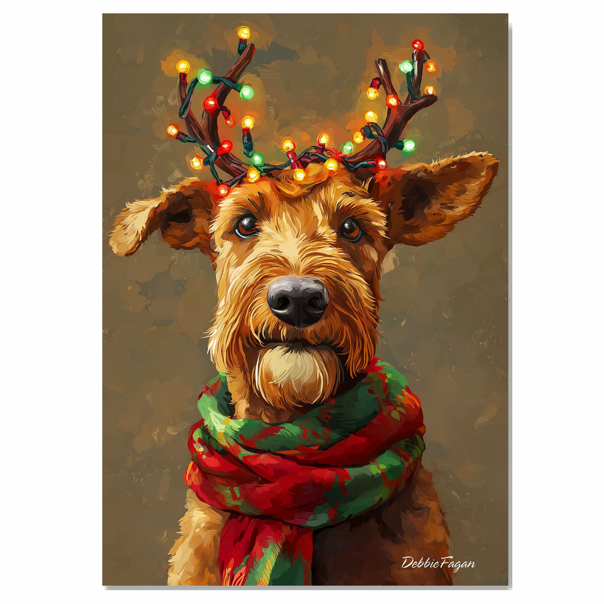 Airedale Christmas Glow - 'Yuletide Antlers' - Airedale Dog with Lighted Antlers and Festive Scarf on Rustic Canvas, Ready to Hang 1.5" Thick Canvas Wrap, Floating Framed Canvas, Flat Rolled Canvas