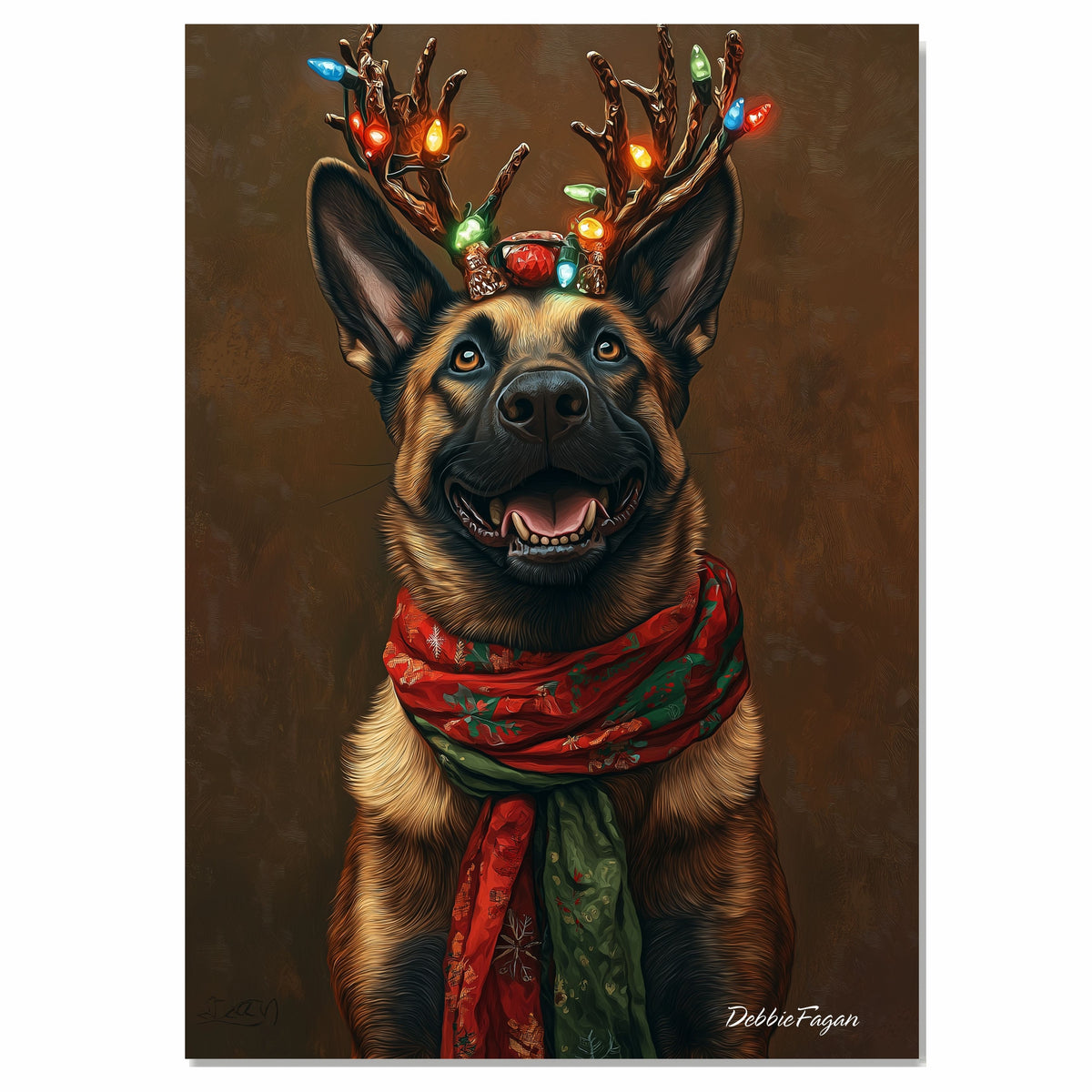 Rustic Wonders - Bernedoodle Dog with Lighted Antlers & Cozy Scarf on Rustic Background, Ready to Hang 1.5" Thick Canvas Wrap, Floating Framed Canvas, Flat Rolled Canvas