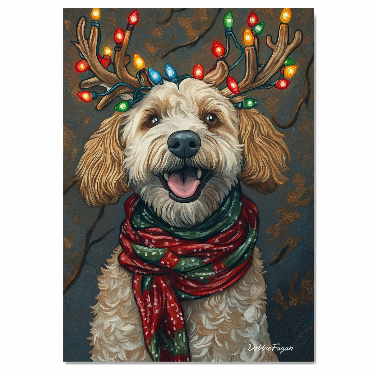 Rustic Merriment' - Bernedoodle Dog with Festive Antlers & Warm Scarf on Rustic Canvas Ready to Hang 1.5" Thick Canvas Wrap, Floating Framed Canvas, Flat Rolled Canvas