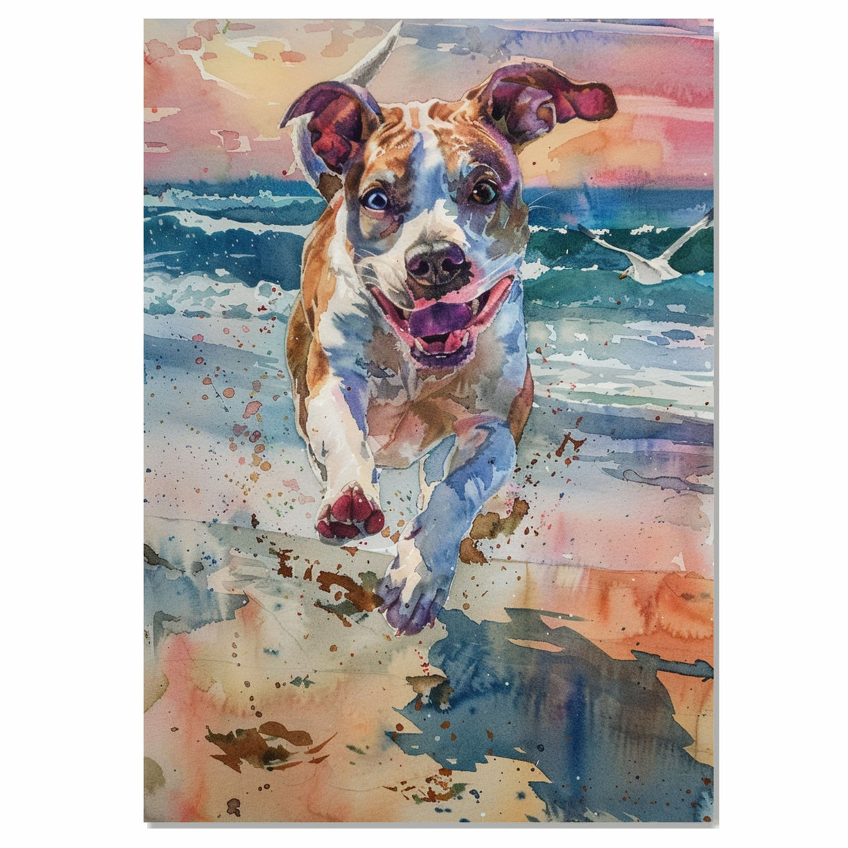 Watercolor Dog Running on Beach with Colorful Sunset and Splashing Surf in Vibrant Coastal Animal Art for Dog Lovers on Ready to Hang 1.5" Thick Canvas Wrap, Floating Framed Canvas, Flat Rolled Canvas