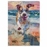 Watercolor Dog Running on Beach with Colorful Sunset and Splashing Surf in Vibrant Coastal Animal Art for Dog Lovers on Ready to Hang 1.5" Thick Canvas Wrap, Floating Framed Canvas, Flat Rolled Canvas