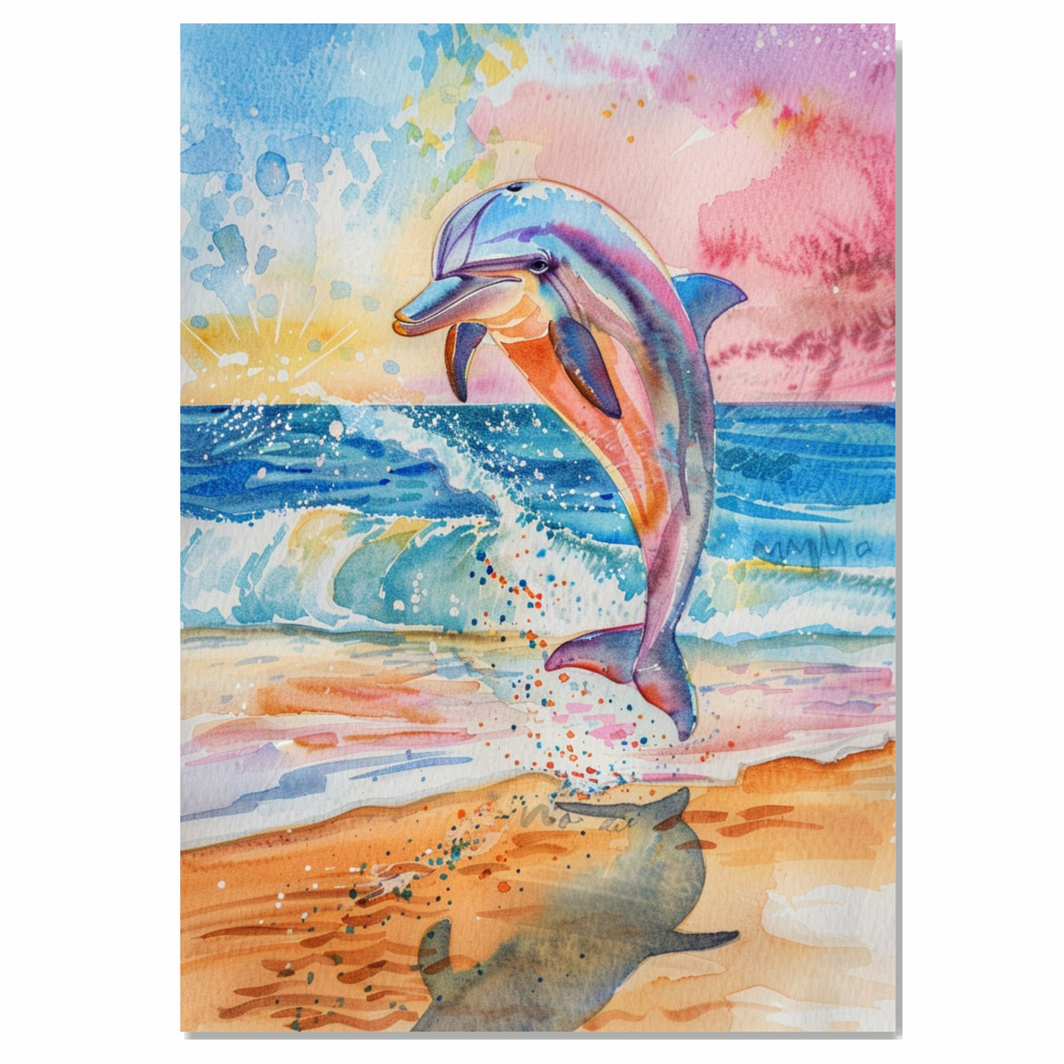 Watercolor Painting of Vibrant Dolphin Leaping Above Ocean Shore with Splashing Waves and Sunset Reflections on the Sand on Ready to Hang 1.5" Thick Canvas Wrap, Floating Framed Canvas, Flat Rolled Canvas