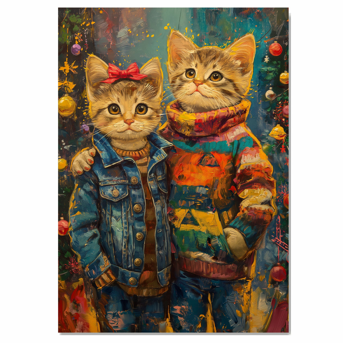 Christmas Kittens in Jackets and Sweaters Adorable Holiday Cat Painting Festive Winter Scene Perfect for Cozy Home Office Seasonal Decoration or Gift on Ready to Hang 1.5" Thick Canvas Wrap, Floating Framed Canvas, Flat Rolled Canvas