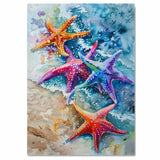 Watercolor Painting of Multicolored Starfish on the Shoreline with Splashing Ocean Waves on Ready to Hang 1.5" Thick Canvas Wrap, Floating Framed Canvas, Flat Rolled Canvas