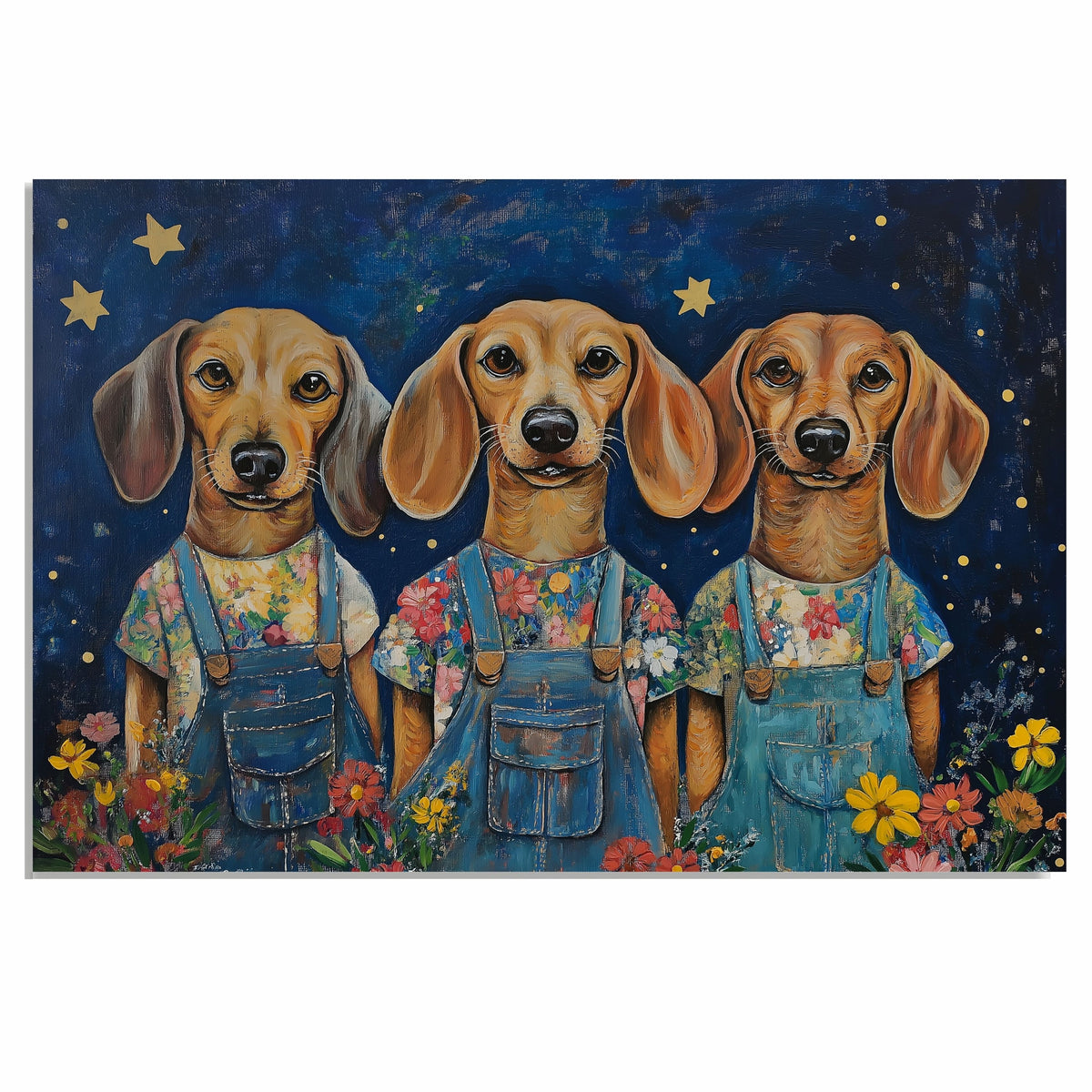 Whimsical Dachshund Trio Dog Art Print in Overalls with Starry Night Sky Background Cute Pet Wall Decor for Dog Lovers Kids Room Nursery or Gift on Ready to Hang 1.5" Thick Canvas Wrap, Floating Framed Canvas, Flat Rolled Canvas