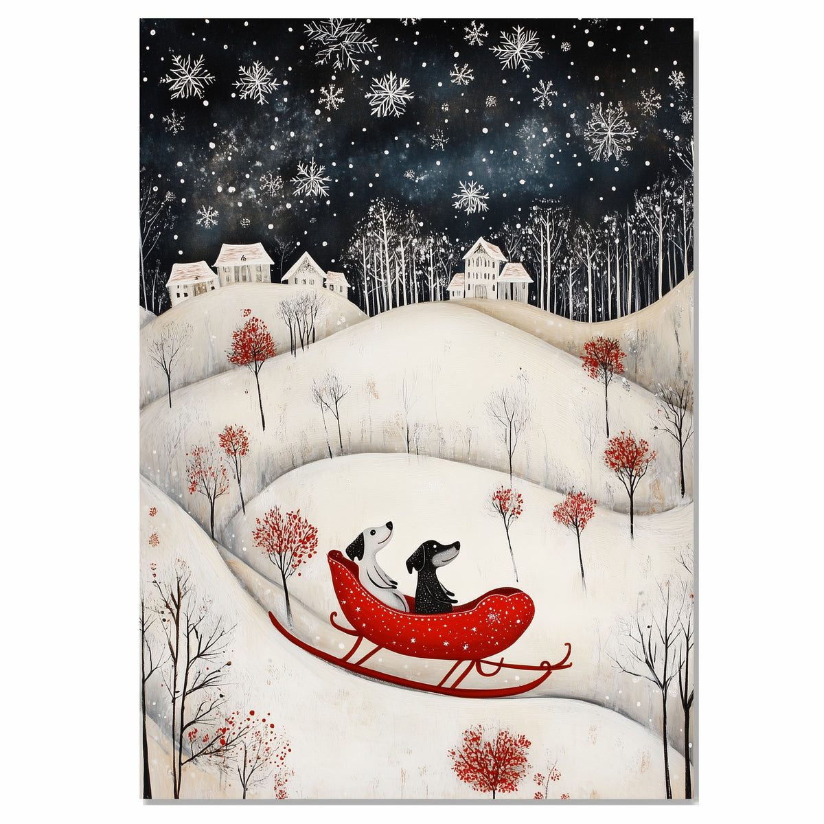 Whimsical Christmas Dachshund Dogs Sleigh Riding Through Snowy Hills Under Starry Sky Charming Holiday Art Print for Dog Lovers and Winter Season Décor on Ready to Hang 1.5" Thick Canvas Wrap, Floating Framed Canvas, Flat Rolled Canvas