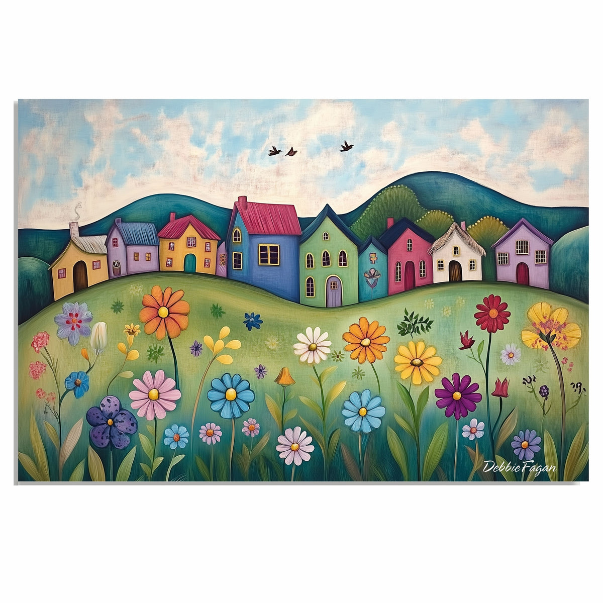 Peaceful Folk Art Canvas – Colorful Village Houses and Wildflowers on Rolling Hills Under Blue Sky on Ready to Hang 1.5" Thick Canvas Wrap, Floating Framed Canvas, Flat Rolled Canvas