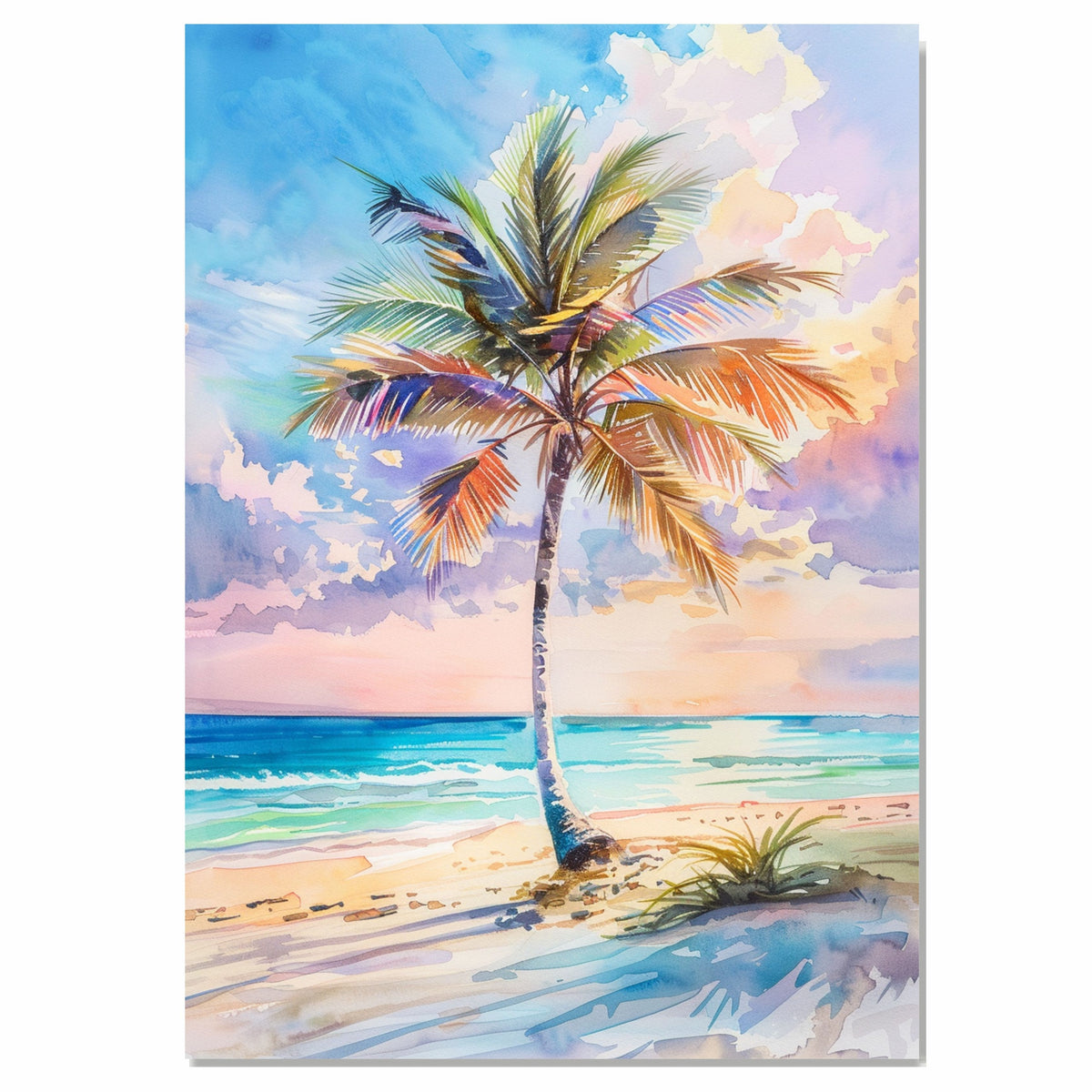 Tropical Beach Sunset with Colorful Palm Tree Watercolor Painting Ocean View on Ready to Hang 1.5" Thick Canvas Wrap, Floating Framed Canvas, Flat Rolled Canvas