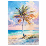 Tropical Beach Sunset with Colorful Palm Tree Watercolor Painting Ocean View on Ready to Hang 1.5" Thick Canvas Wrap, Floating Framed Canvas, Flat Rolled Canvas