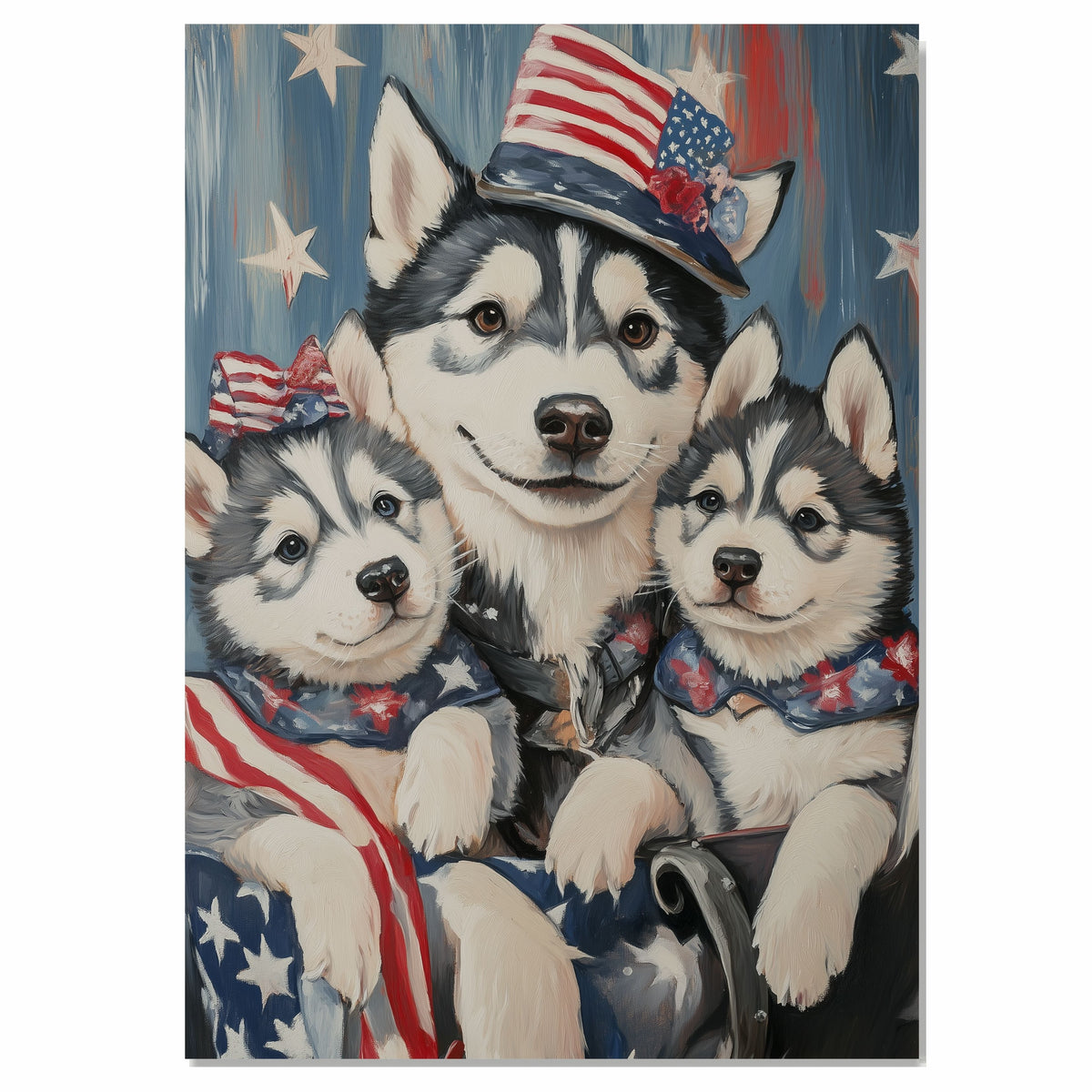Red, White & Woof: Siberian Husky Mom with Two Puppies in a Patriotic Setting - Proud American-Themed Painting on Ready to Hang 1.5" Thick Canvas Wrap, Floating Framed Canvas, Flat Rolled Canvas