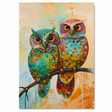 Colorful Owl Pair Artwork Featuring Bright Multicolored Feathers and Big Orange Eyes Perched on a Branch with Playful Abstract Background in Warm Tones on Ready to Hang 1.5" Thick Canvas Wrap, Floating Framed Canvas, Flat Rolled Canvas