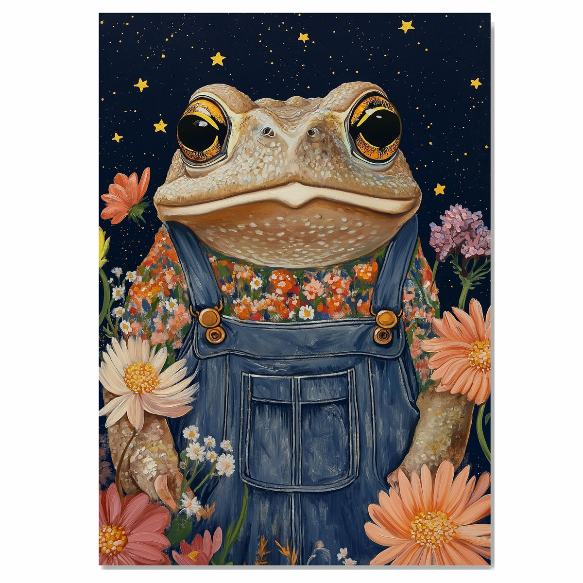 Whimsical Toad Art Print Frog in Overalls Floral Shirt Cute Animal Painting for Nursery Kids Room Nature Inspired Wall Decor Playful Frog Themed Accent on Ready to Hang 1.5" Thick Canvas Wrap, Floating Framed Canvas, Flat Rolled Canvas