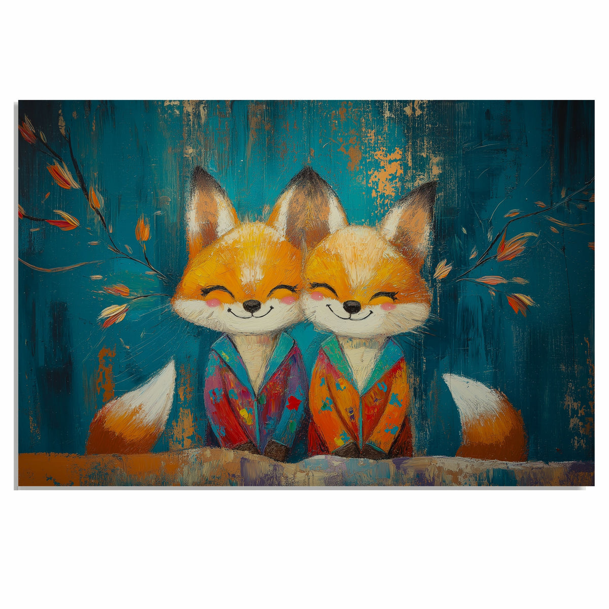 Joyful Painting of Two Foxes in Bright Pajamas with Happy Faces Sitting Side by Side Under Autumn Branches on a Deep Teal and Orange Textured Background on Ready to Hang 1.5" Thick Canvas Wrap, Floating Framed Canvas, Flat Rolled Canvas
