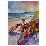 Watercolor Painting of a Vibrant Lobster Relaxing in a Beach Chair by the Ocean Shore with Colorful Sunset Sky on Ready to Hang 1.5" Thick Canvas Wrap, Floating Framed Canvas, Flat Rolled Canvas