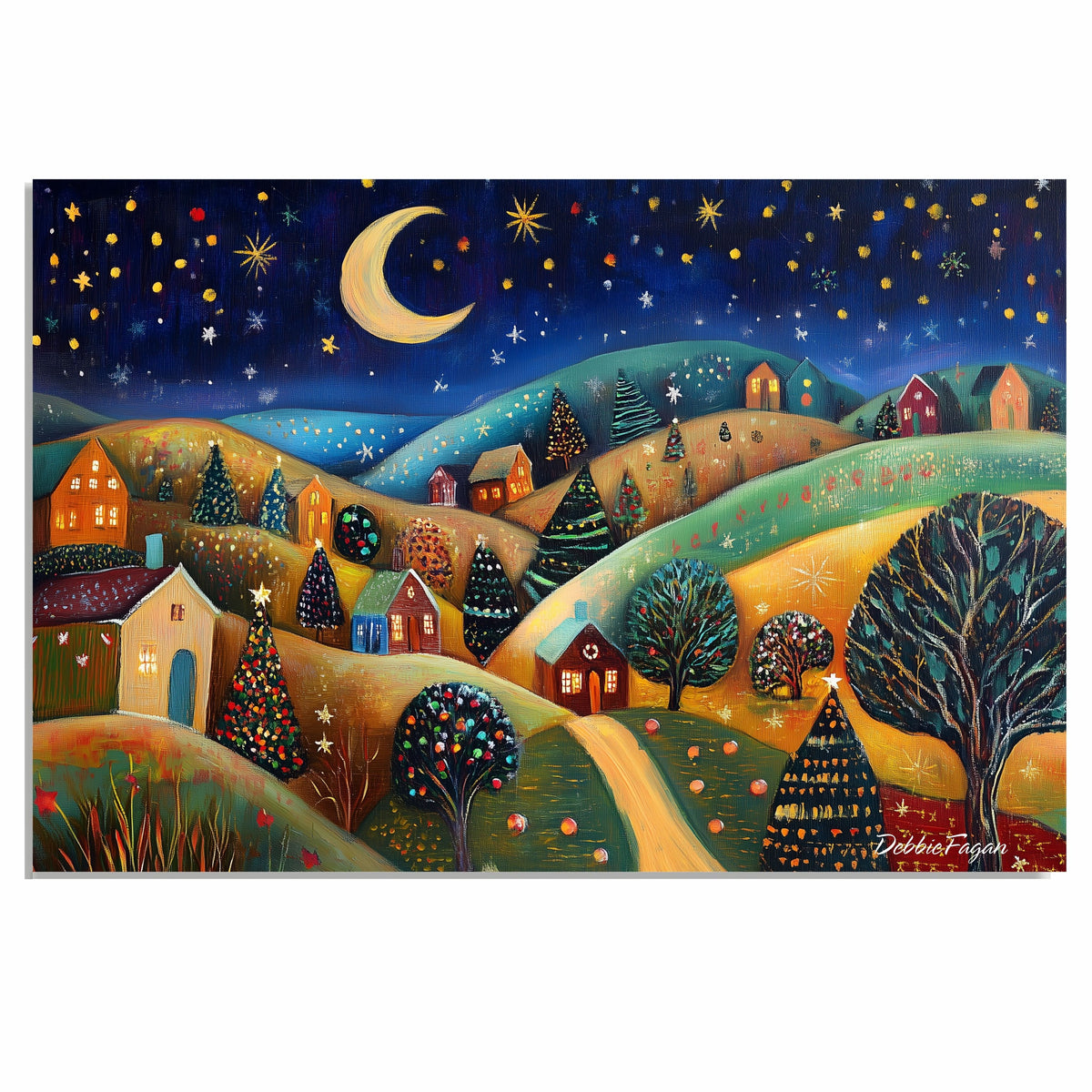 Whimsical Christmas Night with Rolling Hills, Glowing Homes, and Decorated Trees Under a Starry Sky in Folk Art on Ready to Hang 1.5" Thick Canvas Wrap, Floating Framed Canvas, Flat Rolled Canvas