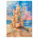 Watercolor Painting of a Whimsical Sandcastle by the Sea with Turrets and Ocean Backdrop in a Dreamy Fantasy Coastal Style on Ready to Hang 1.5" Thick Canvas Wrap, Floating Framed Canvas, Flat Rolled Canvas
