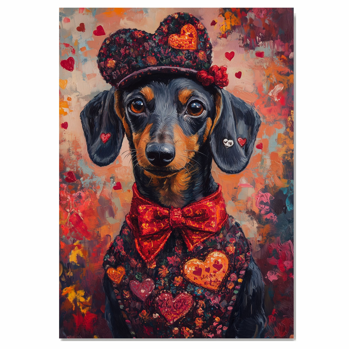 Endearing Love: Dachshund in a Red Heart-Adorned Top and Hat Charming Romantic Painting on Ready to Hang 1.5" Thick Canvas Wrap, Floating Framed Canvas, Flat Rolled Canvas