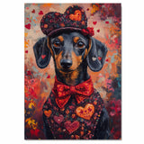 Endearing Love: Dachshund in a Red Heart-Adorned Top and Hat Charming Romantic Painting on Ready to Hang 1.5" Thick Canvas Wrap, Floating Framed Canvas, Flat Rolled Canvas