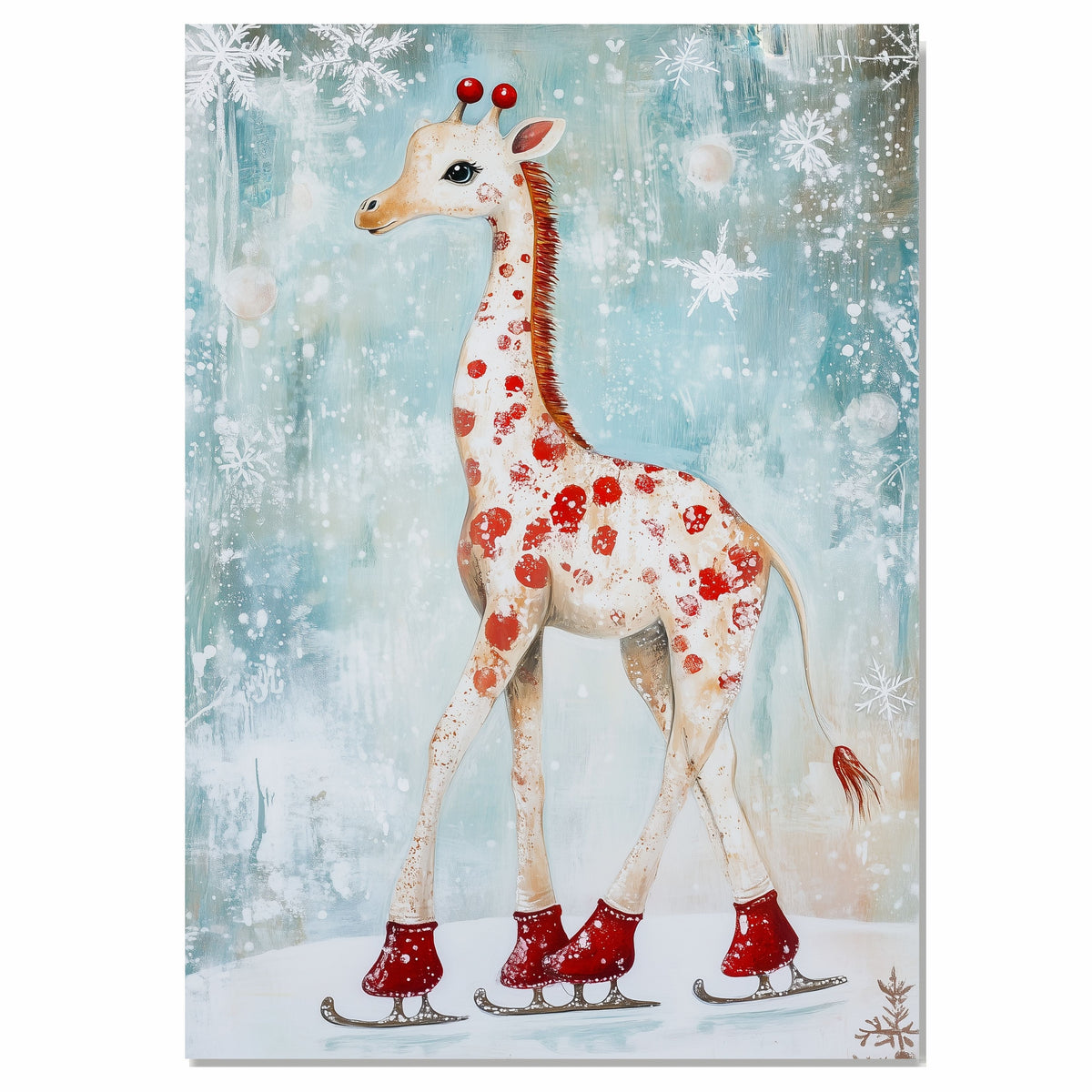 Whimsical Christmas Giraffe Ice Skating with Red Boots and Snowflake Accents – Playful Holiday Animal Art for Winter Decor and Festive Seasonal Cheer on Ready to Hang 1.5" Thick Canvas Wrap, Floating Framed Canvas, Flat Rolled Canvas
