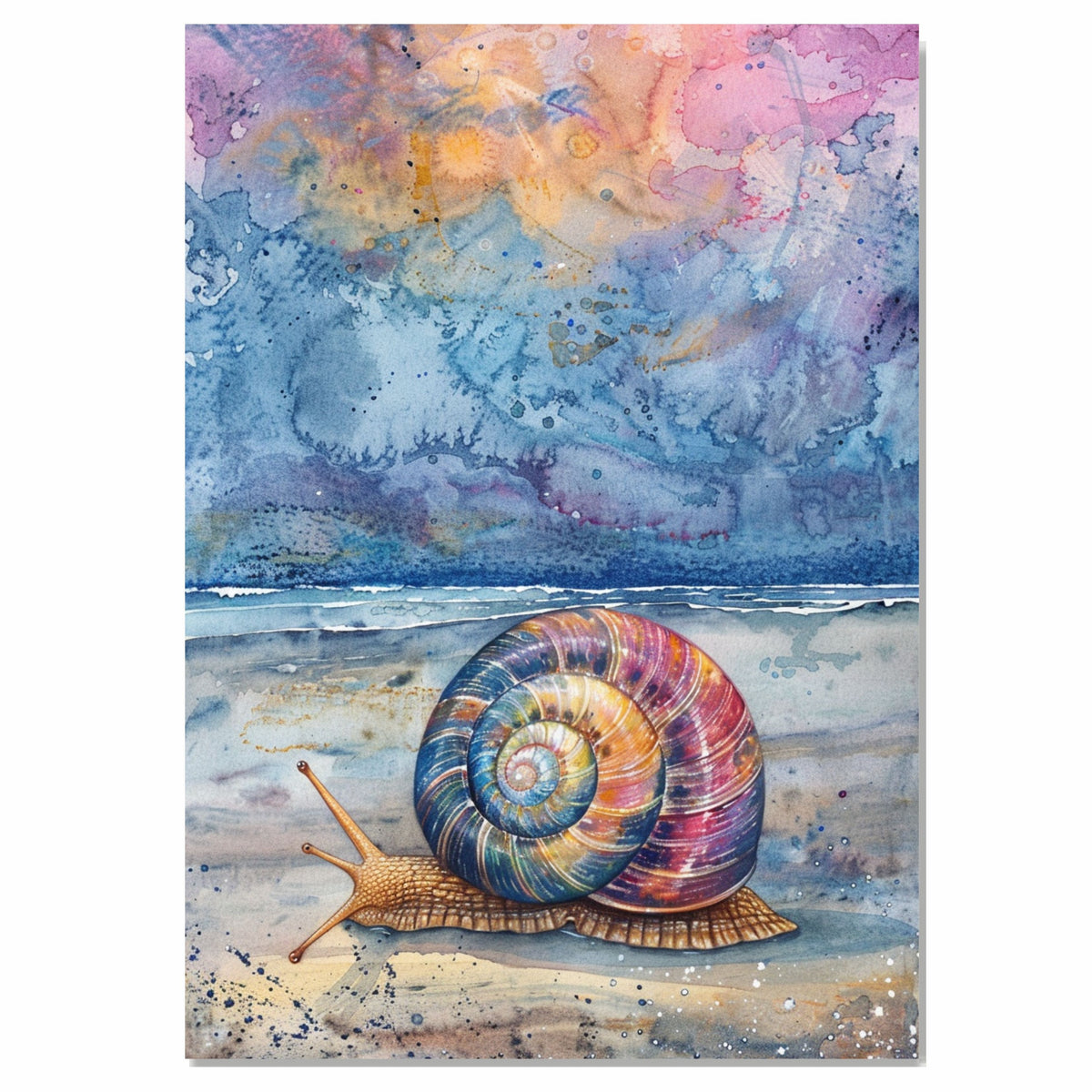Watercolor Painting of a Multicolored Snail on Beach with Starry Sky and Ocean Horizon in a Vibrant Night Coastal Scene on Ready to Hang 1.5" Thick Canvas Wrap, Floating Framed Canvas, Flat Rolled Canvas