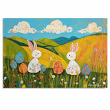Whimsical Easter Bunnies with Colorful Eggs and Rolling Hills – Folk Art Spring Wall Decor Print on Ready to Hang 1.5" Thick Canvas Wrap, Floating Framed Canvas, Flat Rolled Canvas
