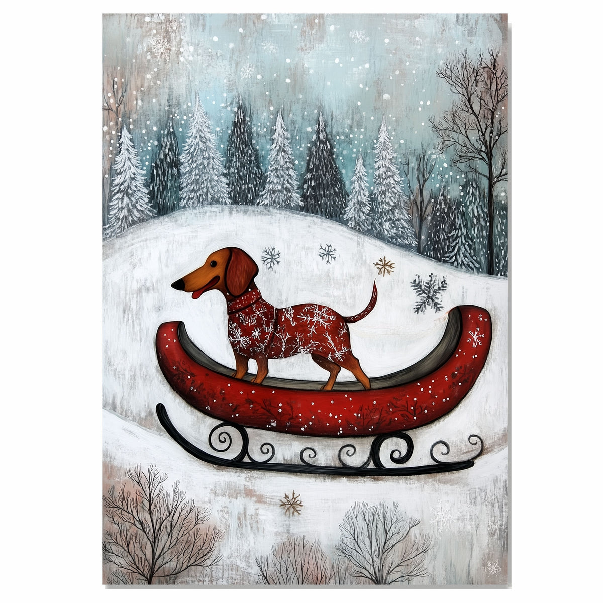 Festive Dachshund in Red Sleigh Winter Wonderland Art Whimsical Christmas Dog Illustration in Snowy Forest Scene for Holiday Pet Lovers and Seasonal Décor on Ready to Hang 1.5" Thick Canvas Wrap, Floating Framed Canvas, Flat Rolled Canvas
