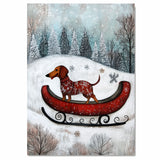 Festive Dachshund in Red Sleigh Winter Wonderland Art Whimsical Christmas Dog Illustration in Snowy Forest Scene for Holiday Pet Lovers and Seasonal Décor on Ready to Hang 1.5" Thick Canvas Wrap, Floating Framed Canvas, Flat Rolled Canvas
