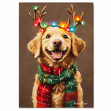 Bernedoodle Holiday Cheer - 'Rustic Antlers' - Bernedoodle Dog with Christmas Lights & Festive Scarf on Rustic Canvas, Ready to Hang 1.5" Thick Canvas Wrap, Floating Framed Canvas, Flat Rolled Canvas