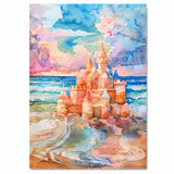 Watercolor Painting of a Multicolored Sandcastle by the Ocean Shore at Sunset with Whimsical Turrets and Waves on Ready to Hang 1.5" Thick Canvas Wrap, Floating Framed Canvas, Flat Rolled Canvas