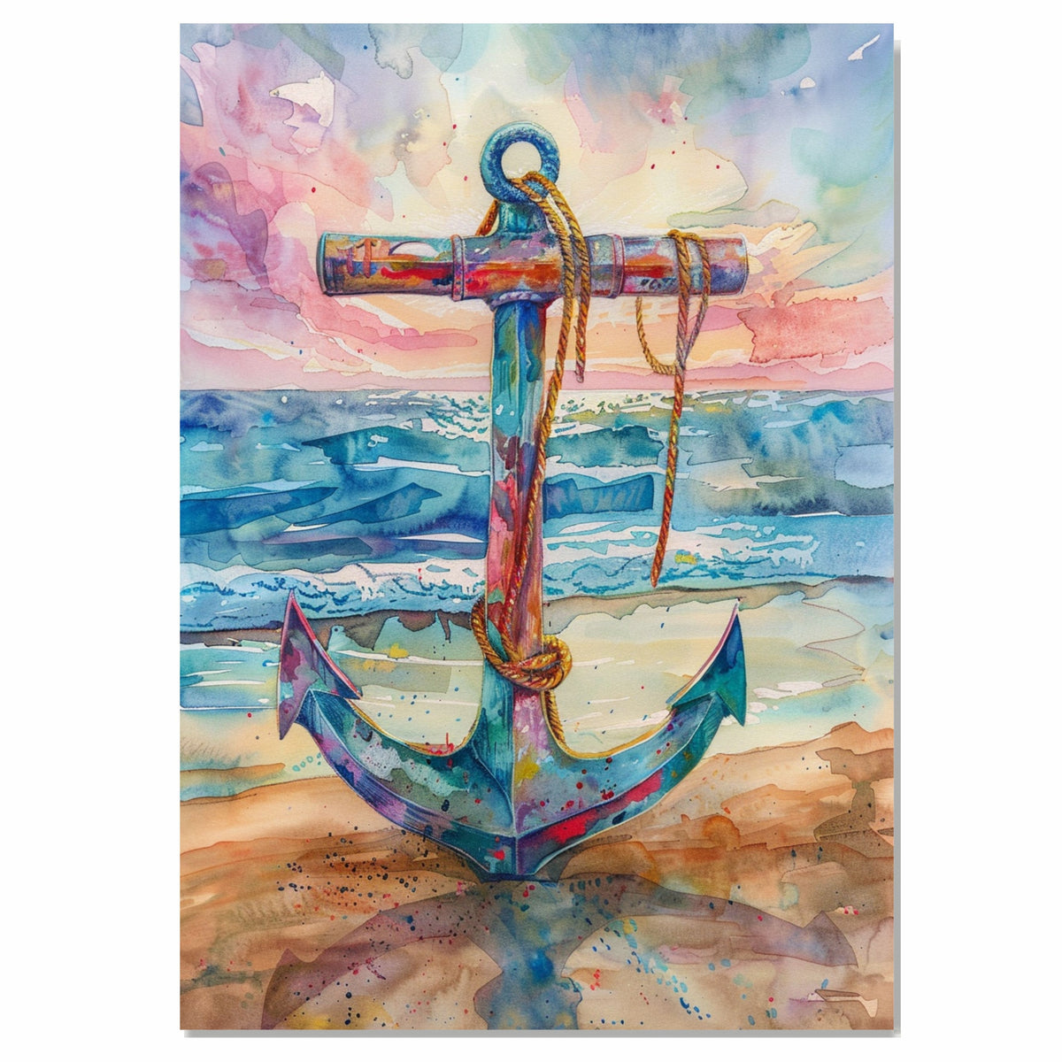 Watercolor Painting of a Multicolored Anchor on Beach with Ocean Waves and Colorful Sunset Sky | Nautical Coastal Wall Art on Ready to Hang 1.5" Thick Canvas Wrap, Floating Framed Canvas, Flat Rolled Canvas
