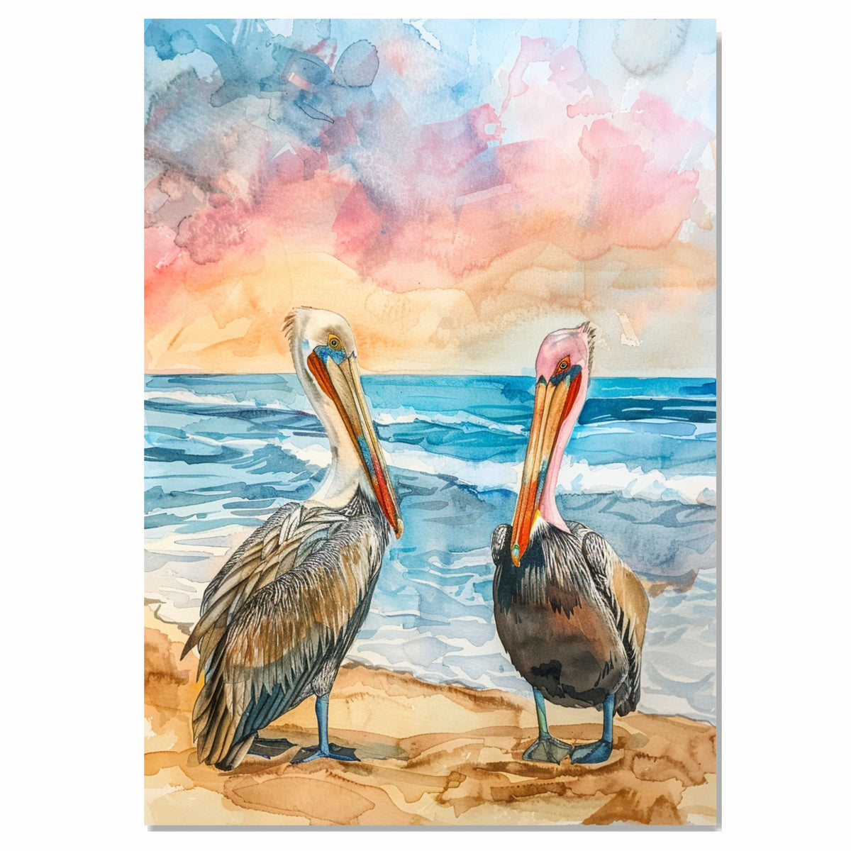 Two Colorful Pelicans on Sandy Beach with Gentle Ocean Waves and Sunset Sky in Vibrant Watercolor Illustration on Ready to Hang 1.5" Thick Canvas Wrap, Floating Framed Canvas, Flat Rolled Canvas
