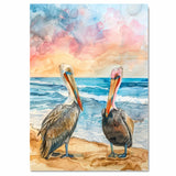 Two Colorful Pelicans on Sandy Beach with Gentle Ocean Waves and Sunset Sky in Vibrant Watercolor Illustration on Ready to Hang 1.5" Thick Canvas Wrap, Floating Framed Canvas, Flat Rolled Canvas