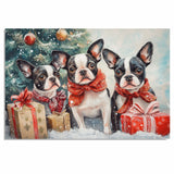 "Frenchie Winter Wonderland" - French Bulldogs Playing in the Snow Among Christmas Trees and Gifts on Ready to Hang 1.5" Thick Canvas Wrap, Floating Framed Canvas, Flat Rolled Canvas