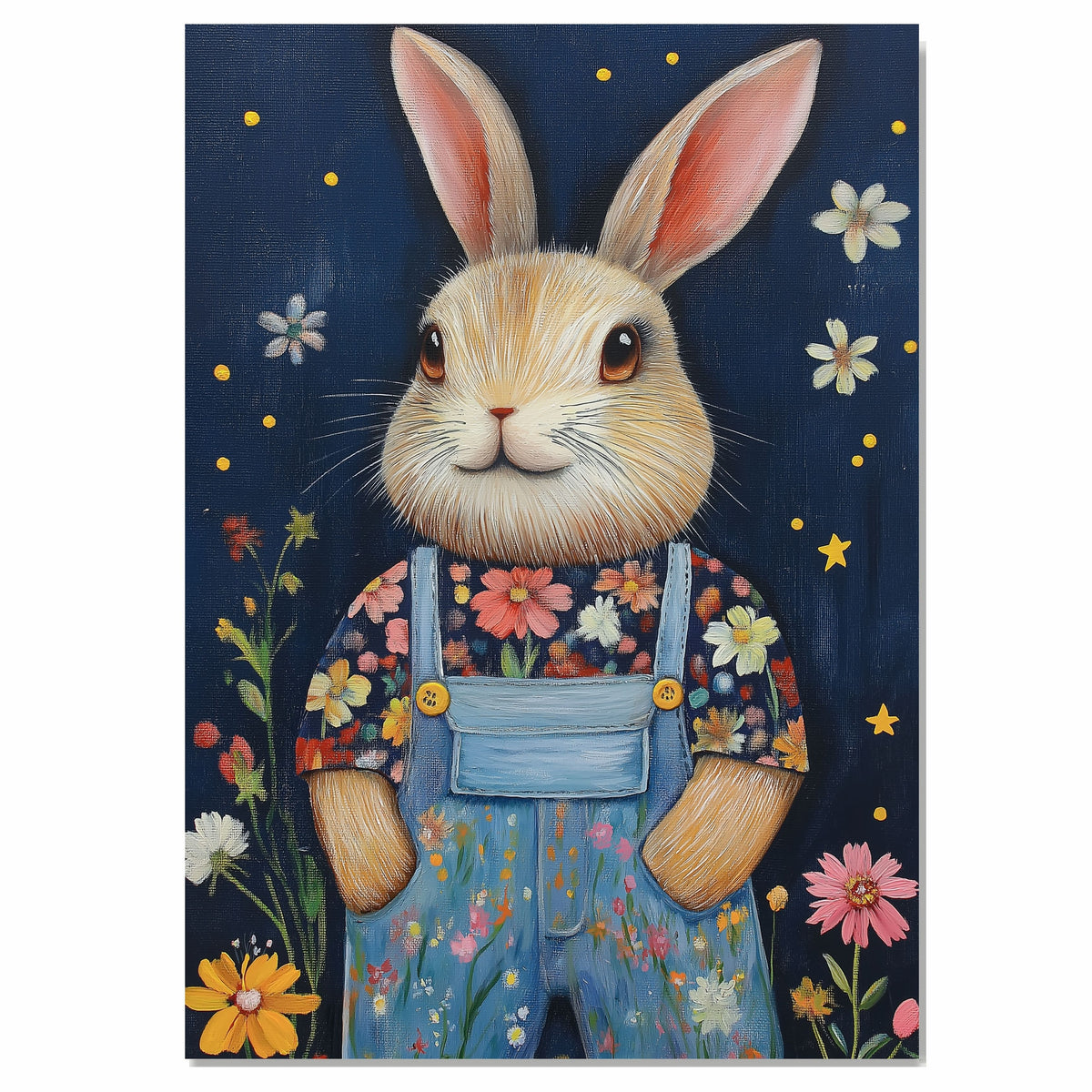 Bunny Wall Art Whimsical Rabbit in Blue Overalls with Flowers Cute Farmhouse Decor for Nursery Bedroom or Gifts for Animal Lovers and Country Cottage Homes on Ready to Hang 1.5" Thick Canvas Wrap, Floating Framed Canvas, Flat Rolled Canvas