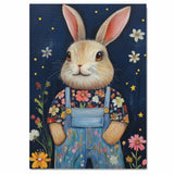 Bunny Wall Art Whimsical Rabbit in Blue Overalls with Flowers Cute Farmhouse Decor for Nursery Bedroom or Gifts for Animal Lovers and Country Cottage Homes on Ready to Hang 1.5" Thick Canvas Wrap, Floating Framed Canvas, Flat Rolled Canvas